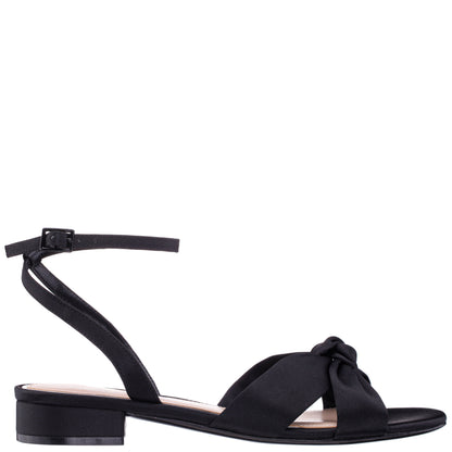 Sulma Black Satin Block-Heel Flat Sandals with Ankle-Strap | Nina Shoes
