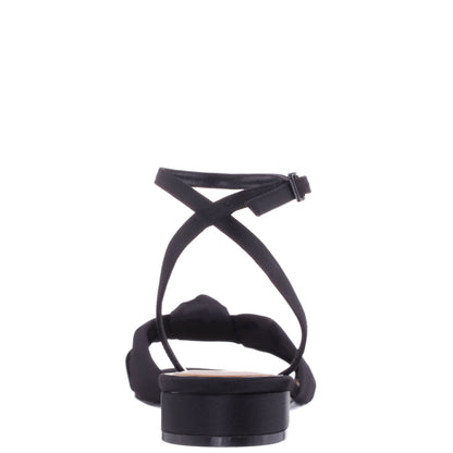 Sulma Black Satin Block-Heel Flat Sandals with Ankle-Strap | Nina Shoes