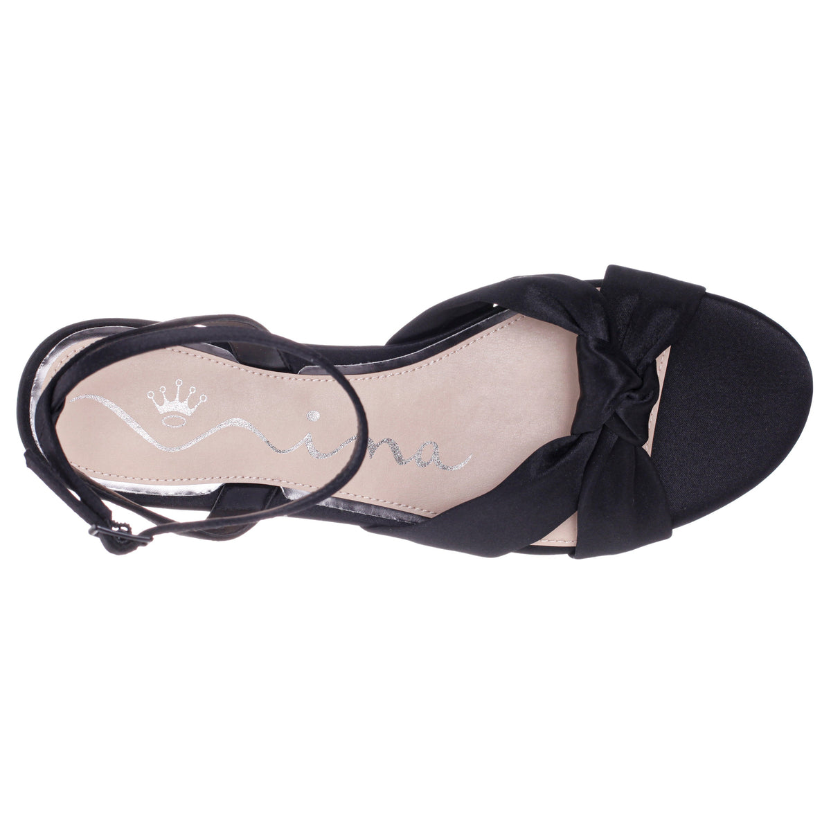 Sulma Black Satin Block-Heel Flat Sandals with Ankle-Strap | Nina Shoes