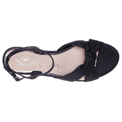 Sulma Black Satin Block-Heel Flat Sandals with Ankle-Strap | Nina Shoes