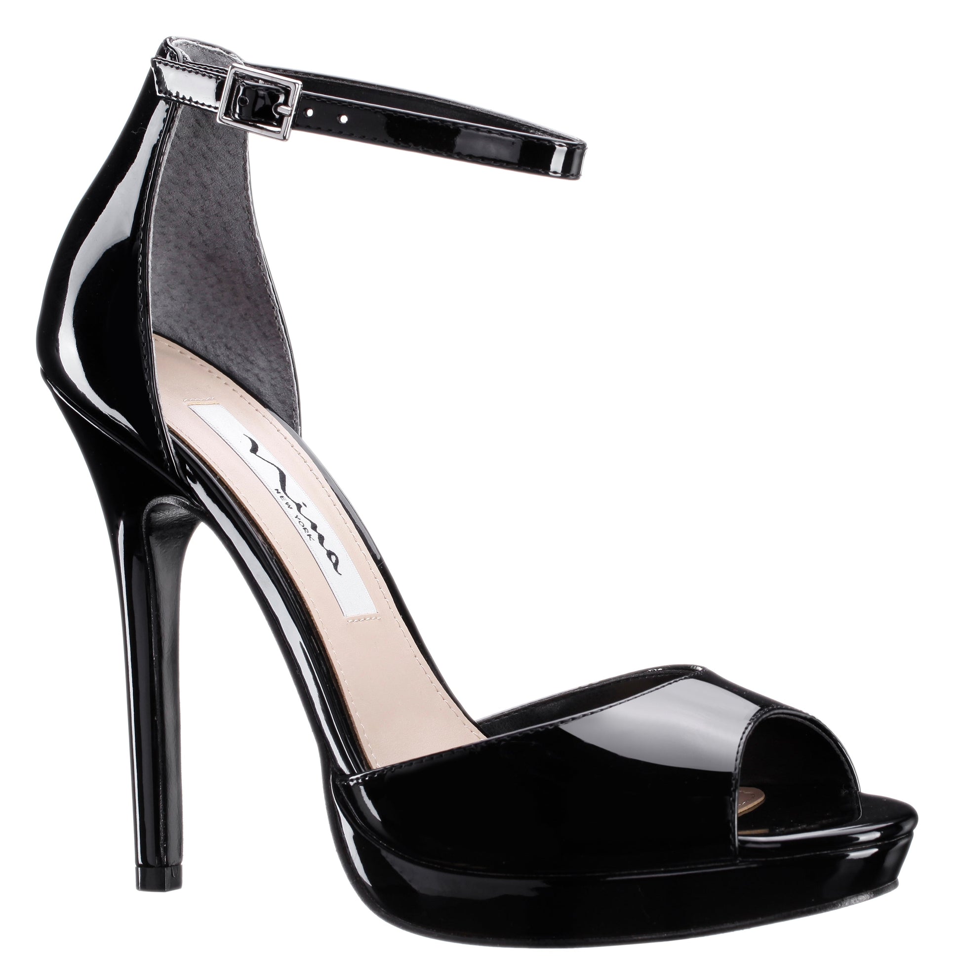 Famia Black Patent Leatherette Stiletto Platform Sandals with Ankle-Strap | Nina Shoes
