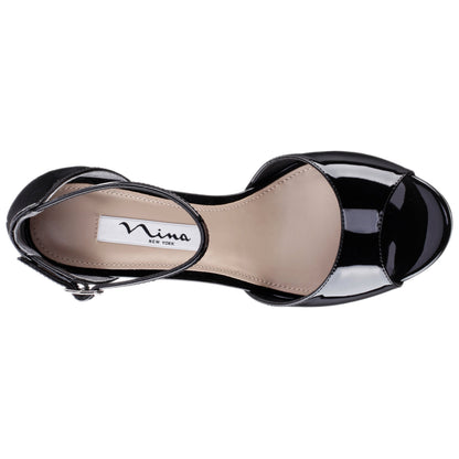 Famia Black Patent Leatherette Stiletto Platform Sandals with Ankle-Strap | Nina Shoes