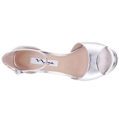 Famia Silver Metallic Stiletto Platform Sandals with Ankle-Strap | Nina Shoes