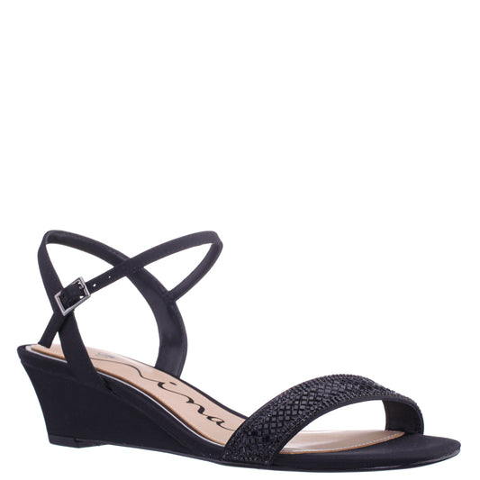 Vonda Black Satin Low-Heel Wedge Sandal | Nina Shoes