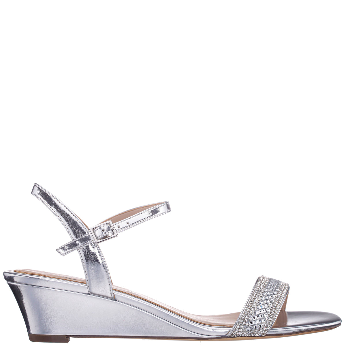 Vonda Silver Metallic Foil Low-Heel Wedge Sandal | Nina Shoes