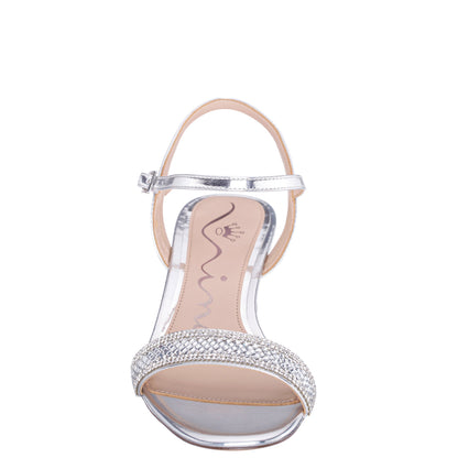 Vonda Silver Metallic Foil Low-Heel Wedge Sandal | Nina Shoes