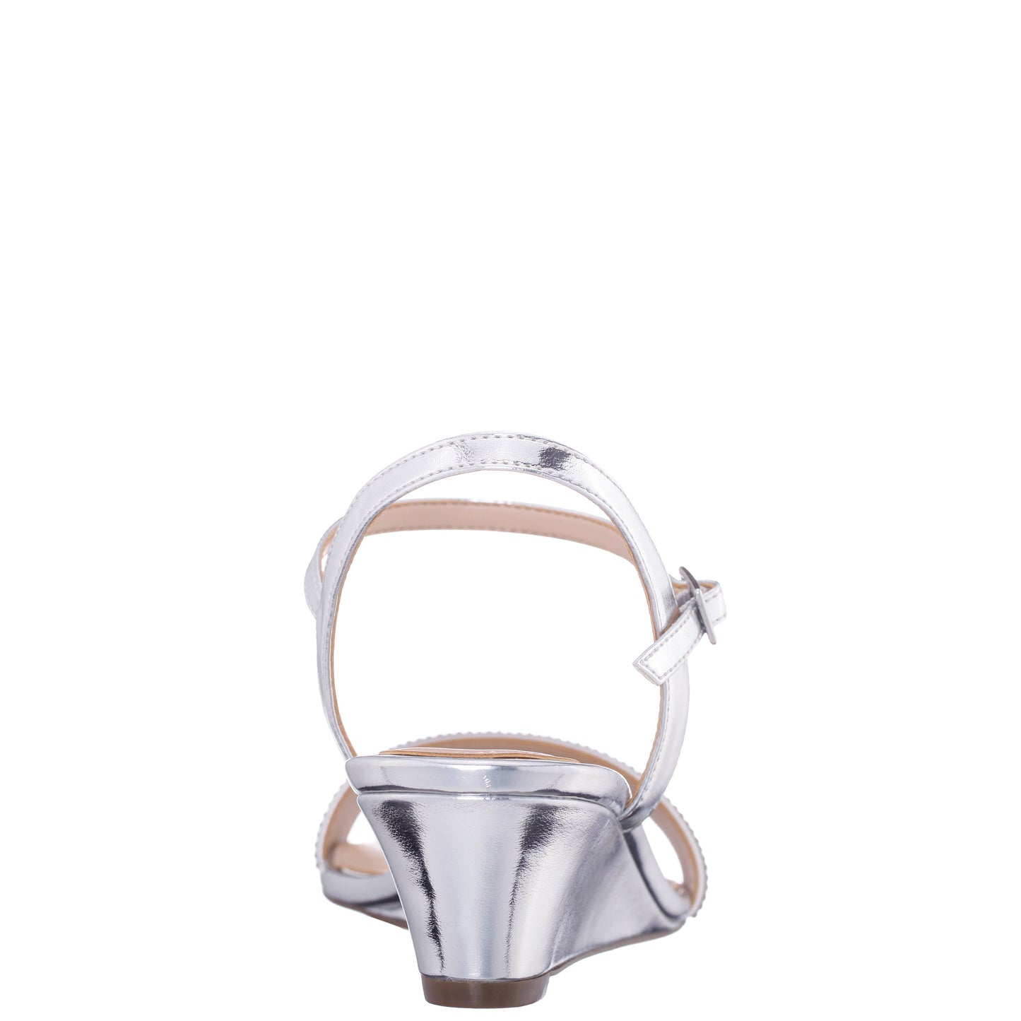 Vonda Silver Metallic Foil Low-Heel Wedge Sandal | Nina Shoes