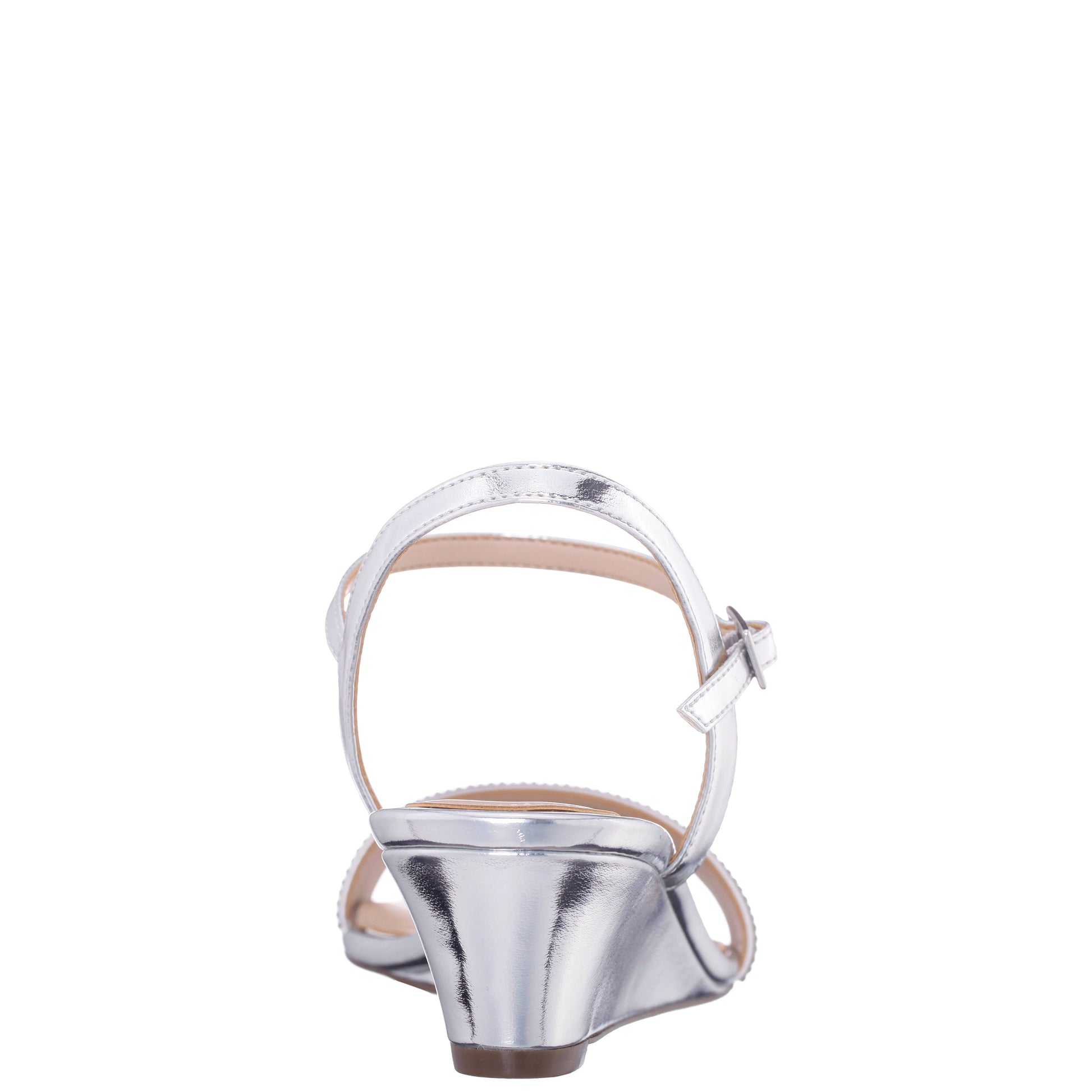 Vonda Silver Metallic Foil Low-Heel Wedge Sandal | Nina Shoes