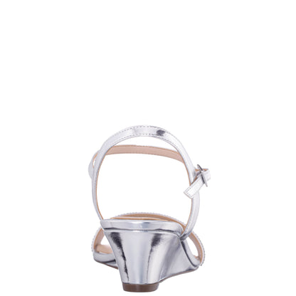 Vonda Silver Metallic Foil Low-Heel Wedge Sandal | Nina Shoes
