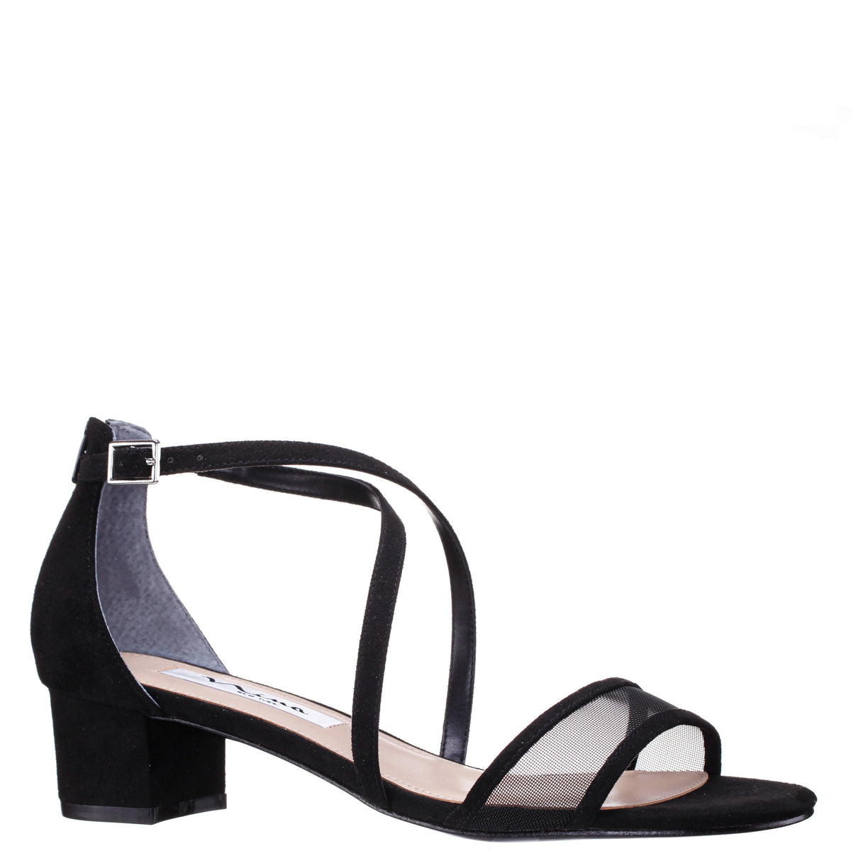 Ginette Black Satin With Mesh Block-Heel Sandals with Ankle-Strap | Nina Shoes