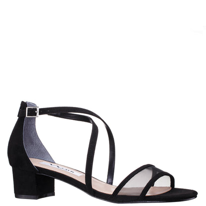 Ginette Black Satin With Mesh Block-Heel Sandals with Ankle-Strap | Nina Shoes