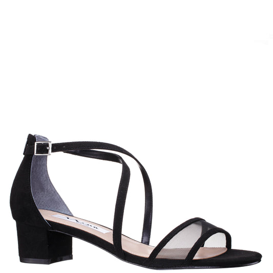 Ginette Black Satin With Mesh Block-Heel Sandals with Ankle-Strap | Nina Shoes