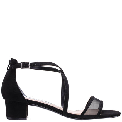 Ginette Black Satin With Mesh Block-Heel Sandals with Ankle-Strap | Nina Shoes
