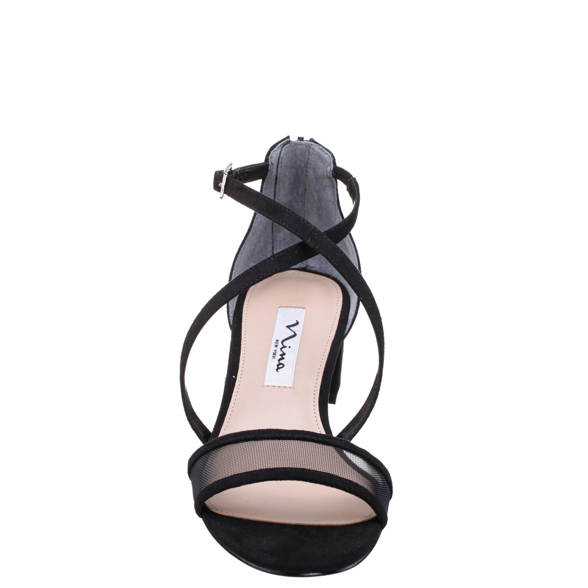 Ginette Black Satin With Mesh Block-Heel Sandals with Ankle-Strap | Nina Shoes