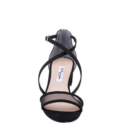 Ginette Black Satin With Mesh Block-Heel Sandals with Ankle-Strap | Nina Shoes