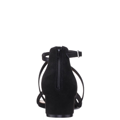 Ginette Black Satin With Mesh Block-Heel Sandals with Ankle-Strap | Nina Shoes