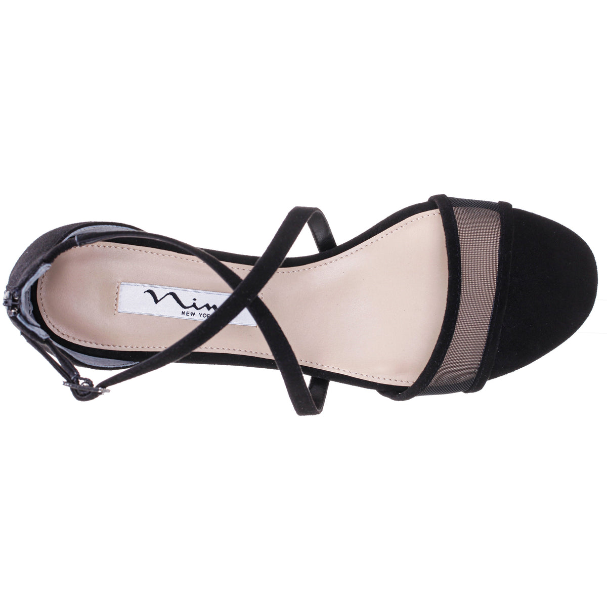 Ginette Black Satin With Mesh Block-Heel Sandals with Ankle-Strap | Nina Shoes