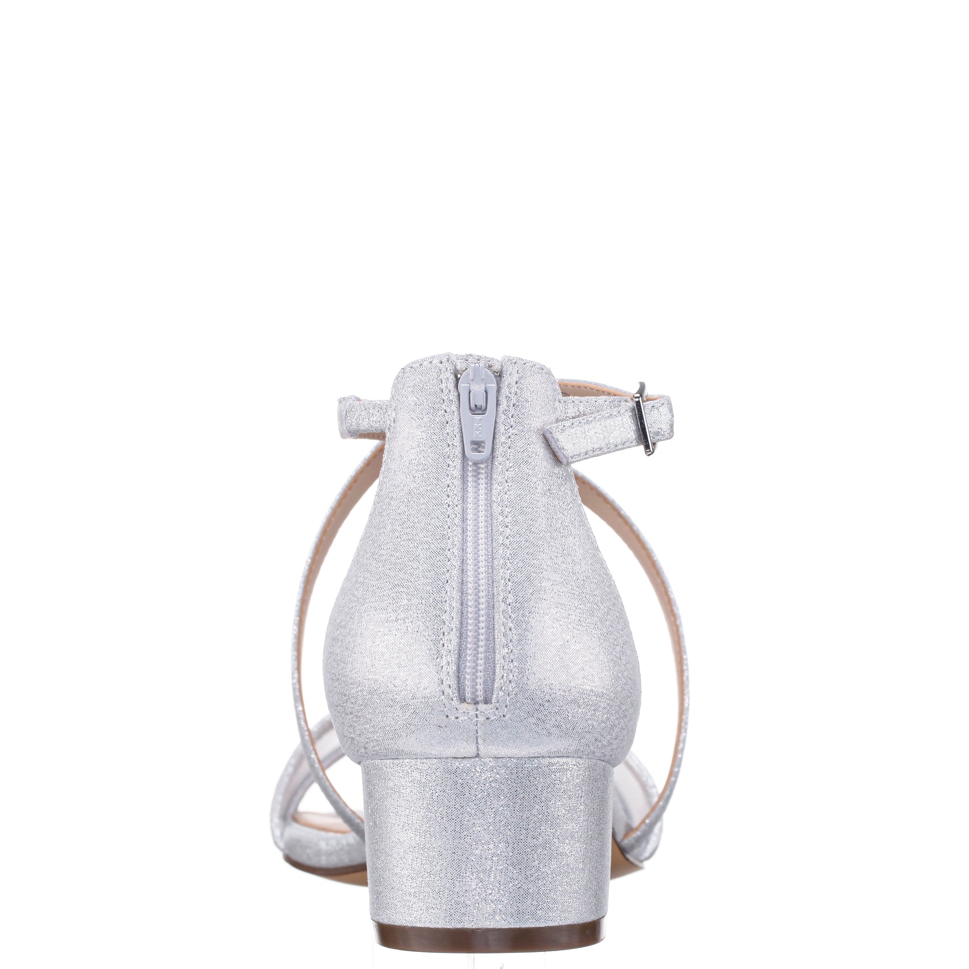 Ginette Silver Metallic Shimmer Foil With Mesh Block-Heel Sandals with Ankle-Strap | Nina Shoes