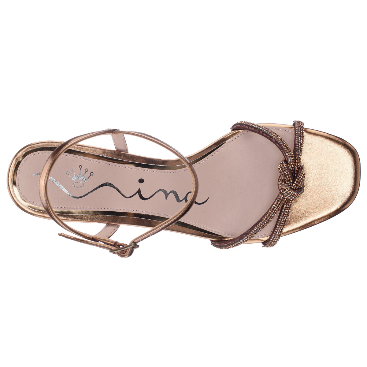 Valeria Brown Glaze with Matching Rhinestone Knot on a Demi-Wedge with Ankle-Strap | Nina Shoes