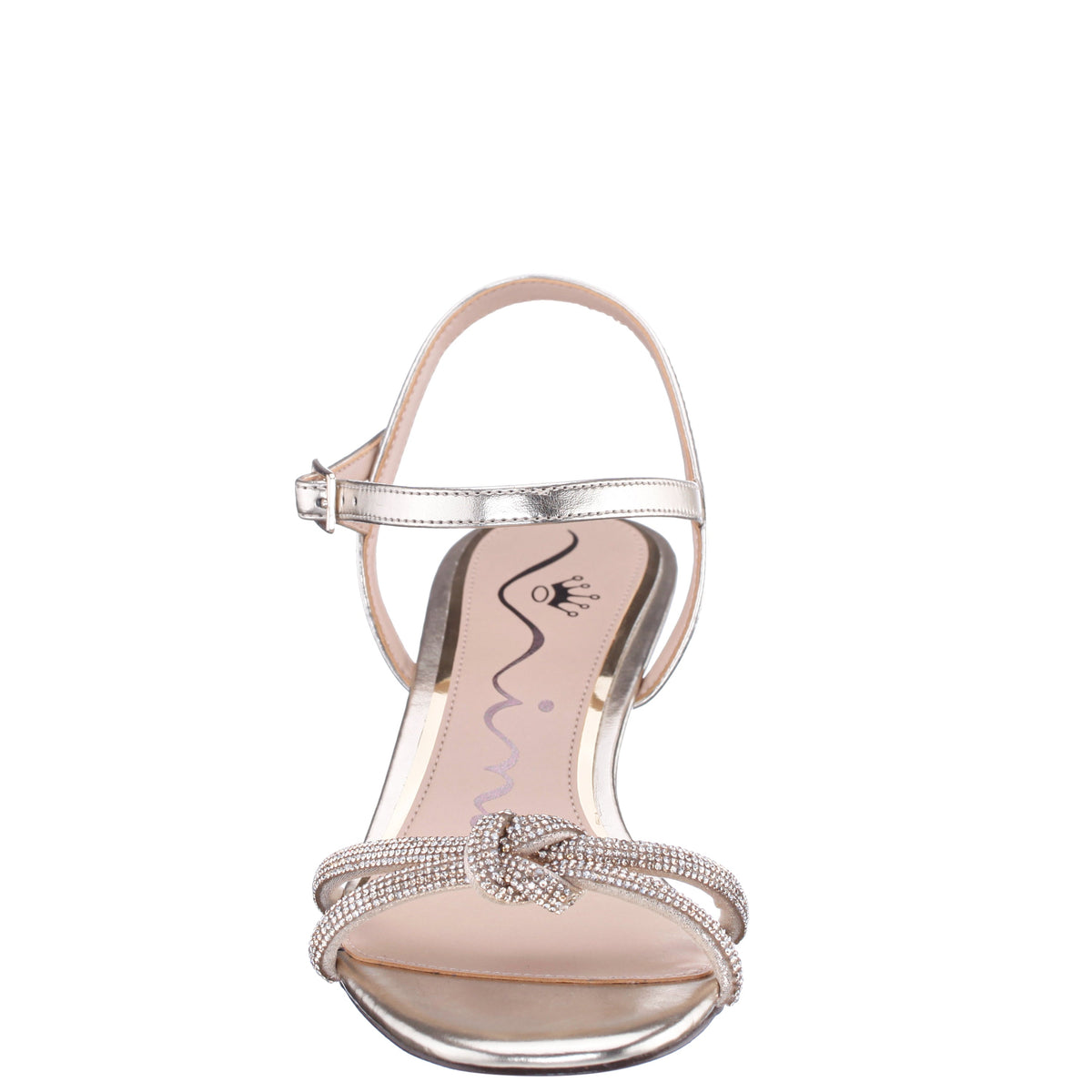 Valeria Platino Glaze with Clear Rhinestone Knot on a Demi-Wedge with Ankle-Strap | Nina Shoes