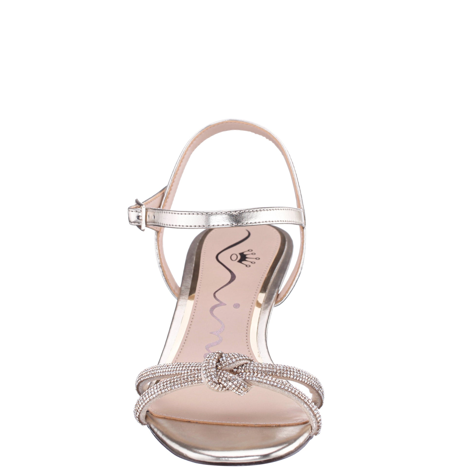 Valeria Platino Glaze with Clear Rhinestone Knot on a Demi-Wedge with Ankle-Strap | Nina Shoes