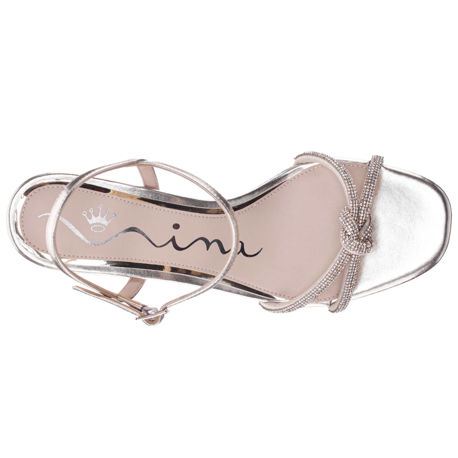 Valeria Platino Glaze with Clear Rhinestone Knot on a Demi-Wedge with Ankle-Strap | Nina Shoes