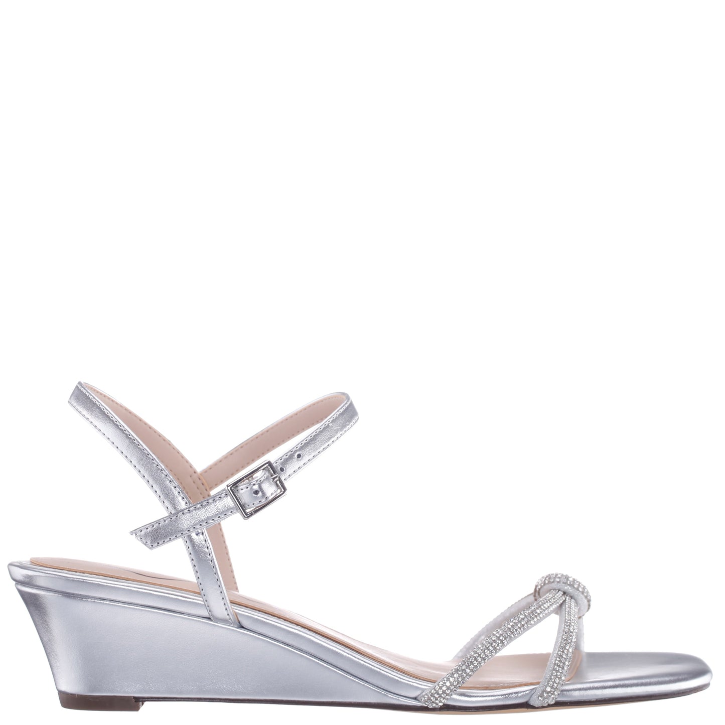Valeria Silver Glaze with Clear Rhinestone Knot on a Demi-Wedge with Ankle-Strap | Nina Shoes