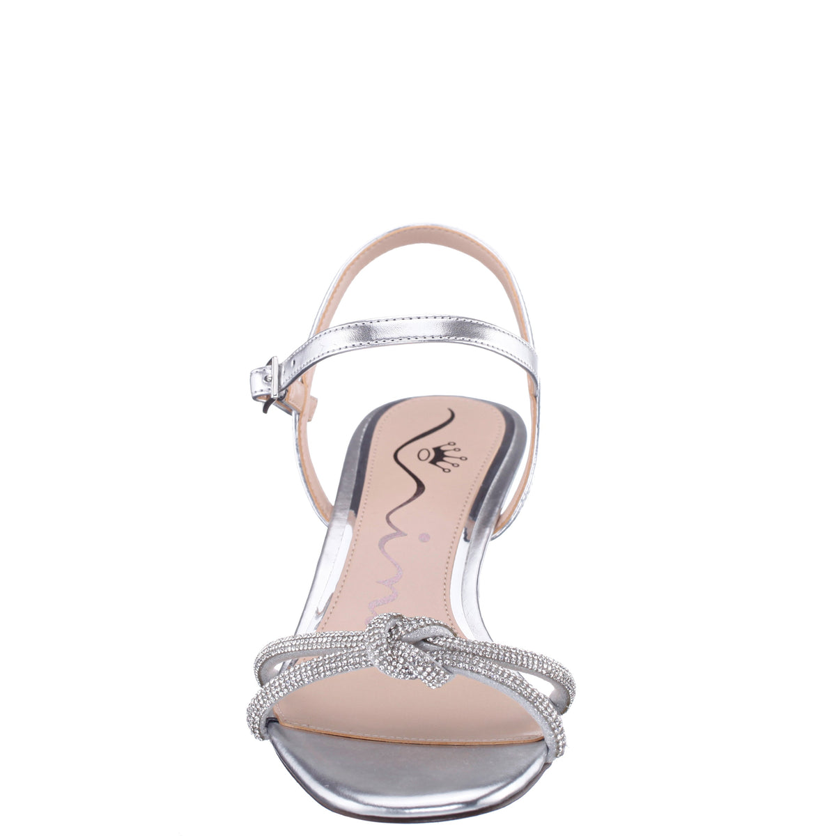 Valeria Silver Glaze with Clear Rhinestone Knot on a Demi-Wedge with Ankle-Strap | Nina Shoes