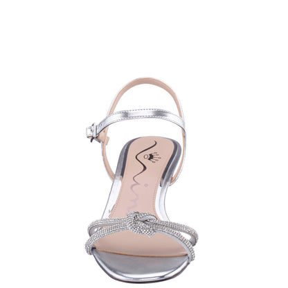 Valeria Silver Glaze with Clear Rhinestone Knot on a Demi-Wedge with Ankle-Strap | Nina Shoes