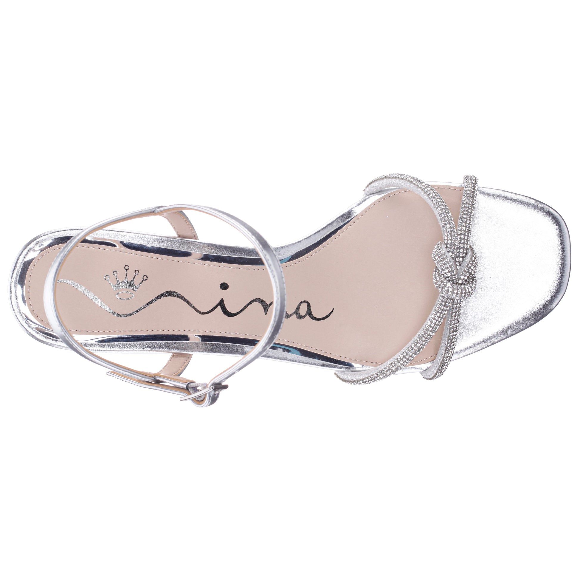 Valeria Silver Glaze with Clear Rhinestone Knot on a Demi-Wedge with Ankle-Strap | Nina Shoes