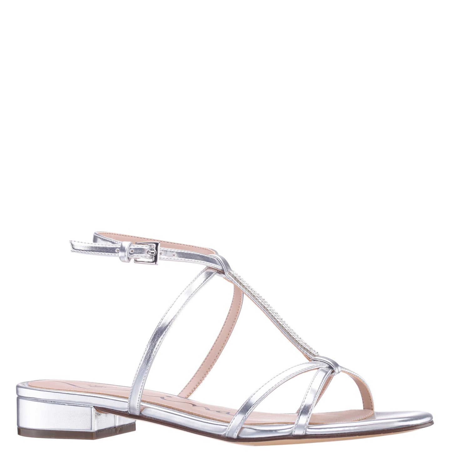 Sasha Silver Metallic Foil with Rhinestone T-Strap Flat with a Block-Heel and Ankle-Strap | Nina Shoes