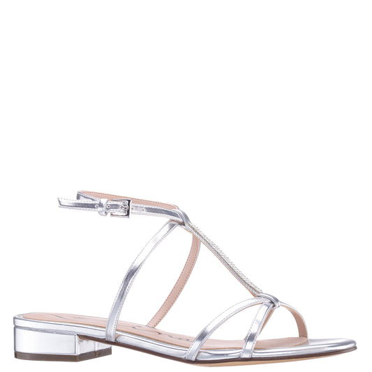 Sasha Silver Metallic Foil with Rhinestone T-Strap Flat with a Block-Heel and Ankle-Strap | Nina Shoes