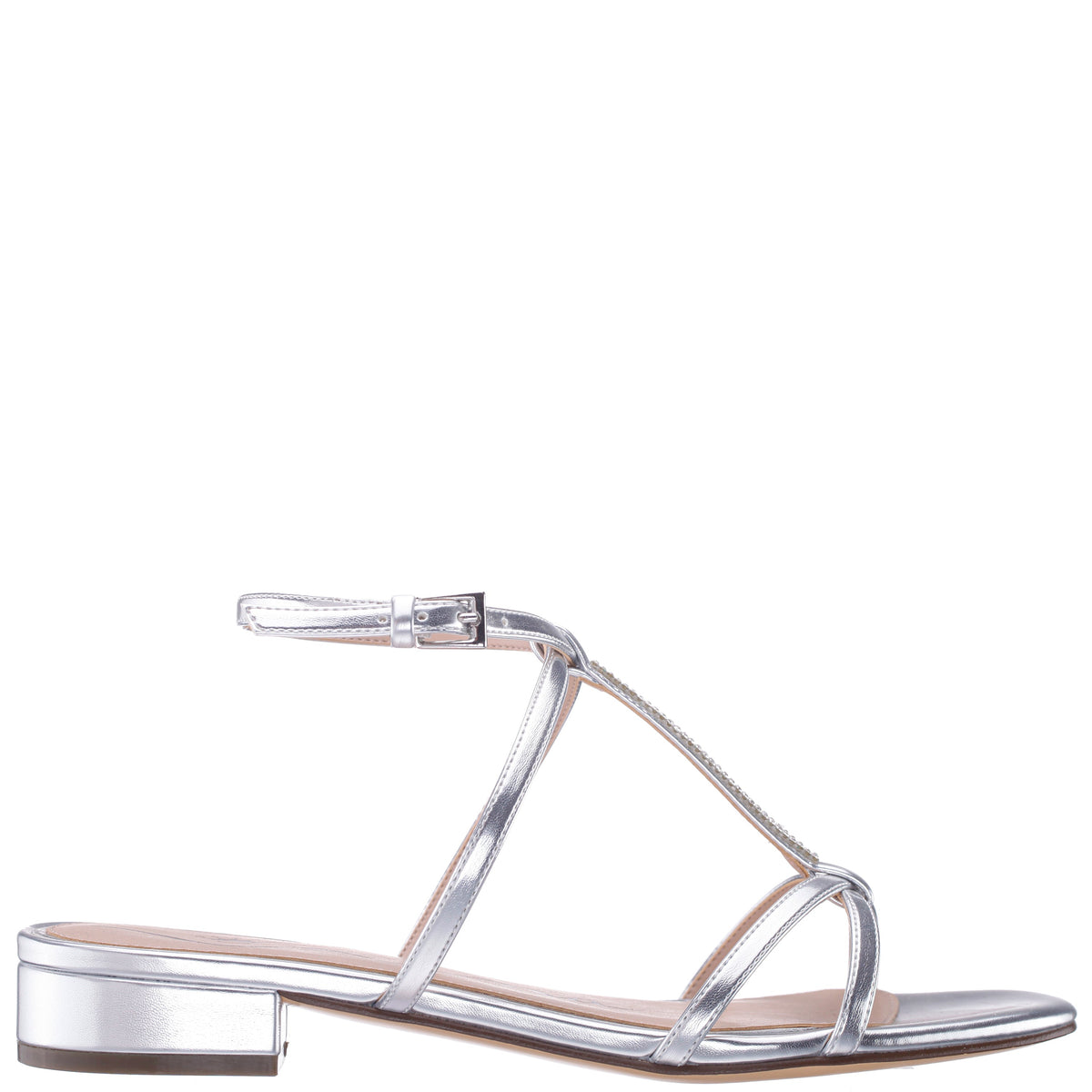 Sasha Silver Metallic Foil with Rhinestone T-Strap Flat with a Block-Heel and Ankle-Strap | Nina Shoes