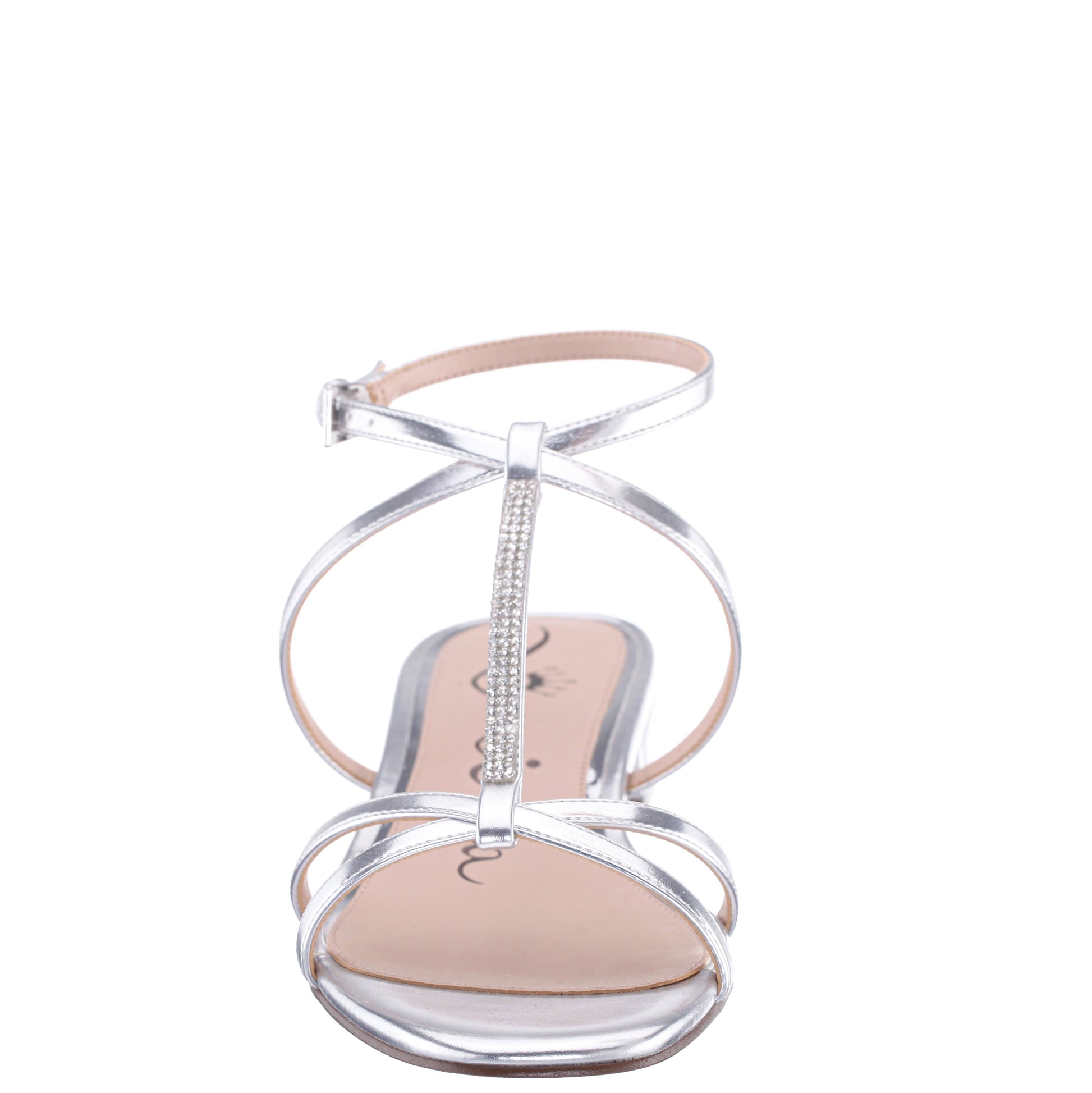 Sasha Silver Metallic Foil with Rhinestone T-Strap Flat with a Block-Heel and Ankle-Strap | Nina Shoes