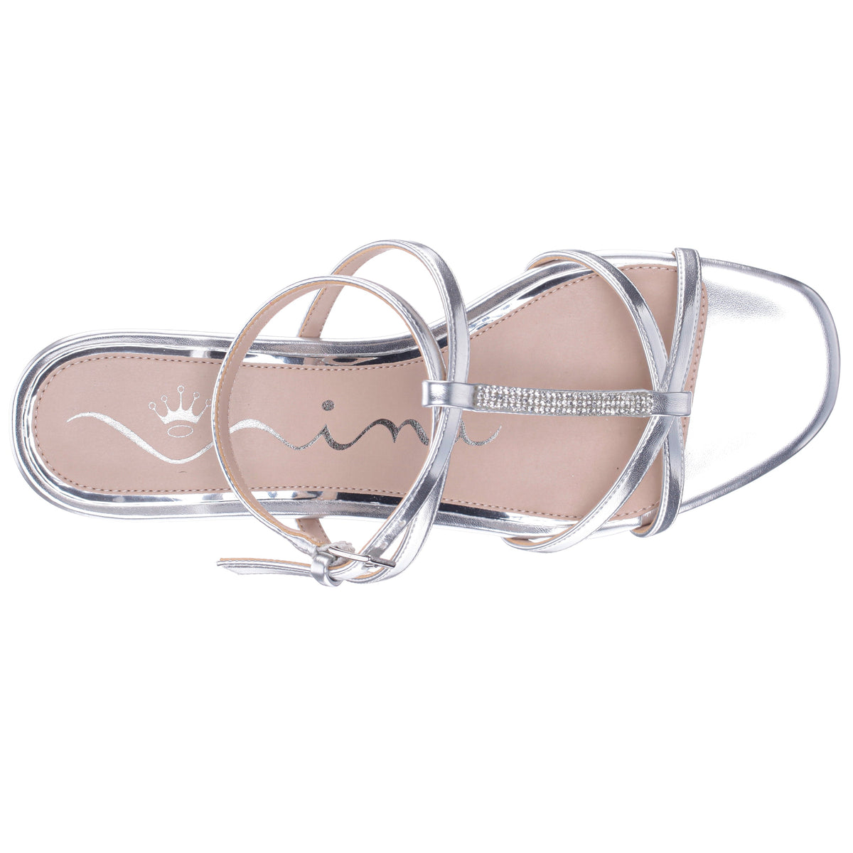 Sasha Silver Metallic Foil with Rhinestone T-Strap Flat with a Block-Heel and Ankle-Strap | Nina Shoes
