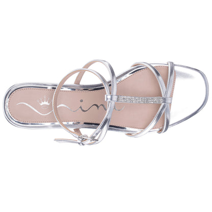Sasha Silver Metallic Foil with Rhinestone T-Strap Flat with a Block-Heel and Ankle-Strap | Nina Shoes