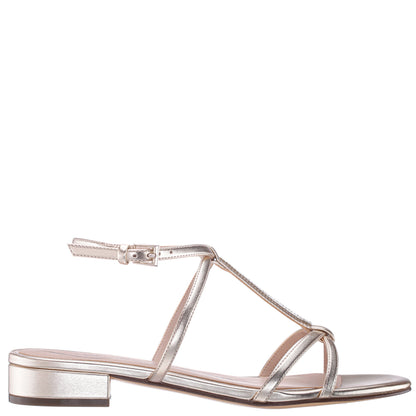 Sasha Platino Metallic Foil with Rhinestone T-Strap Flat with a Block-Heel and Ankle-Strap | Nina Shoes