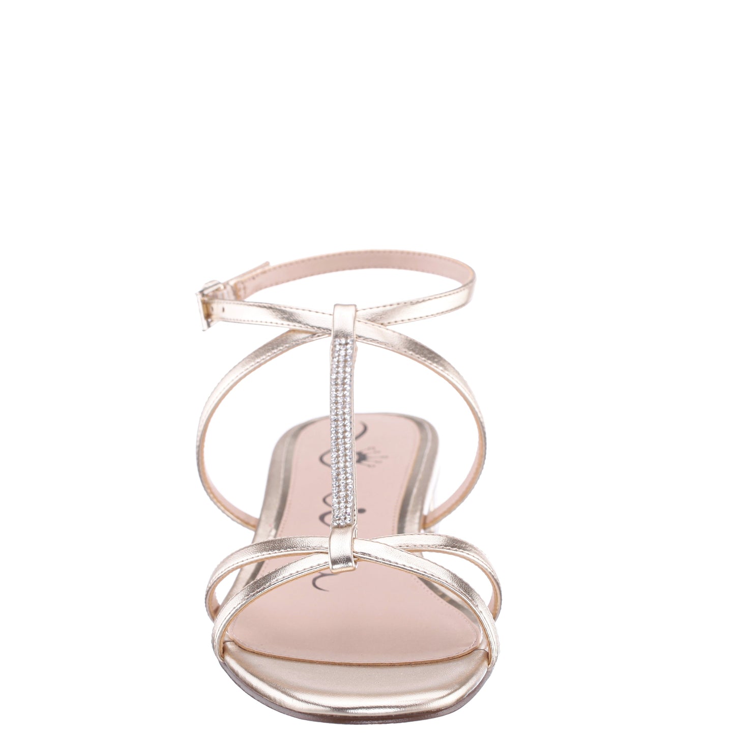 Sasha Platino Metallic Foil with Rhinestone T-Strap Flat with a Block-Heel and Ankle-Strap | Nina Shoes
