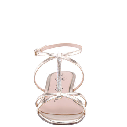 Sasha Platino Metallic Foil with Rhinestone T-Strap Flat with a Block-Heel and Ankle-Strap | Nina Shoes