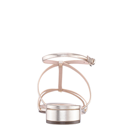 Sasha Platino Metallic Foil with Rhinestone T-Strap Flat with a Block-Heel and Ankle-Strap | Nina Shoes