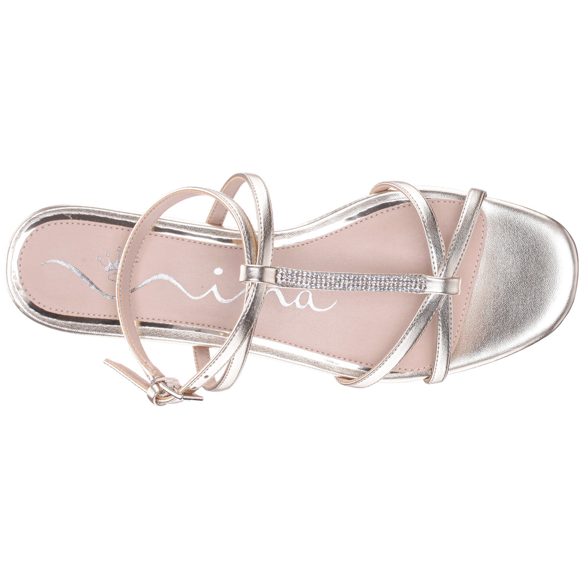Sasha Platino Metallic Foil with Rhinestone T-Strap Flat with a Block-Heel and Ankle-Strap | Nina Shoes