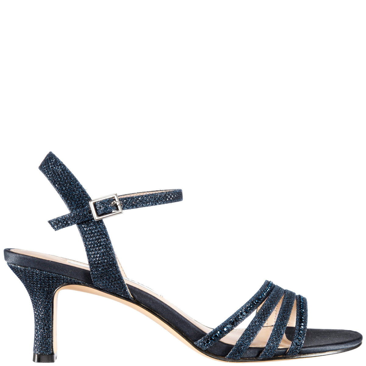 Nelena Blue Textured Metallic with Matching Crystals Low-Heel Sandals with Ankle-Strap | Nina Shoes
