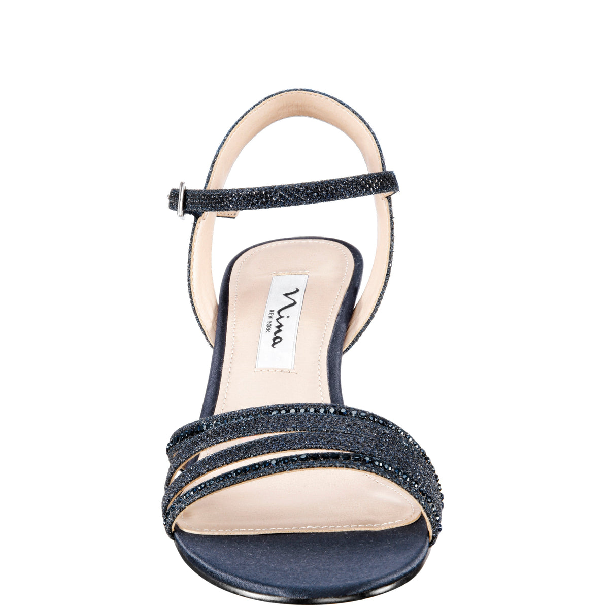Nelena Blue Textured Metallic with Matching Crystals Low-Heel Sandals with Ankle-Strap | Nina Shoes