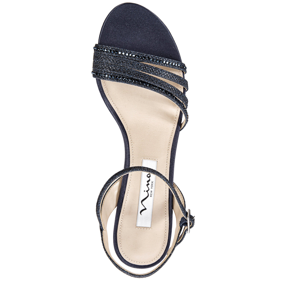 Nelena Blue Textured Metallic with Matching Crystals Low-Heel Sandals with Ankle-Strap | Nina Shoes