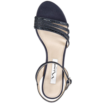 Nelena Blue Textured Metallic with Matching Crystals Low-Heel Sandals with Ankle-Strap | Nina Shoes