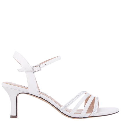 Nelena White Satin with Clear Crystals Low-Heel Sandals with Ankle-Strap | Nina Shoes