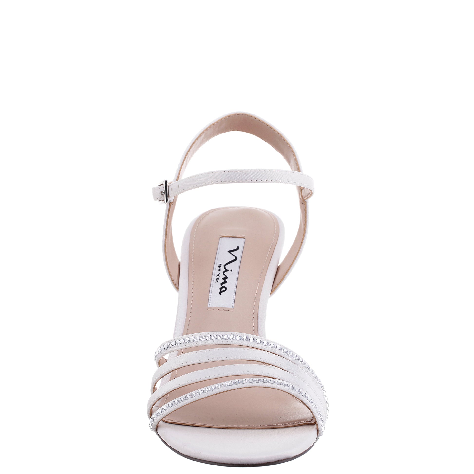 Nelena White Satin with Clear Crystals Low-Heel Sandals with Ankle-Strap | Nina Shoes