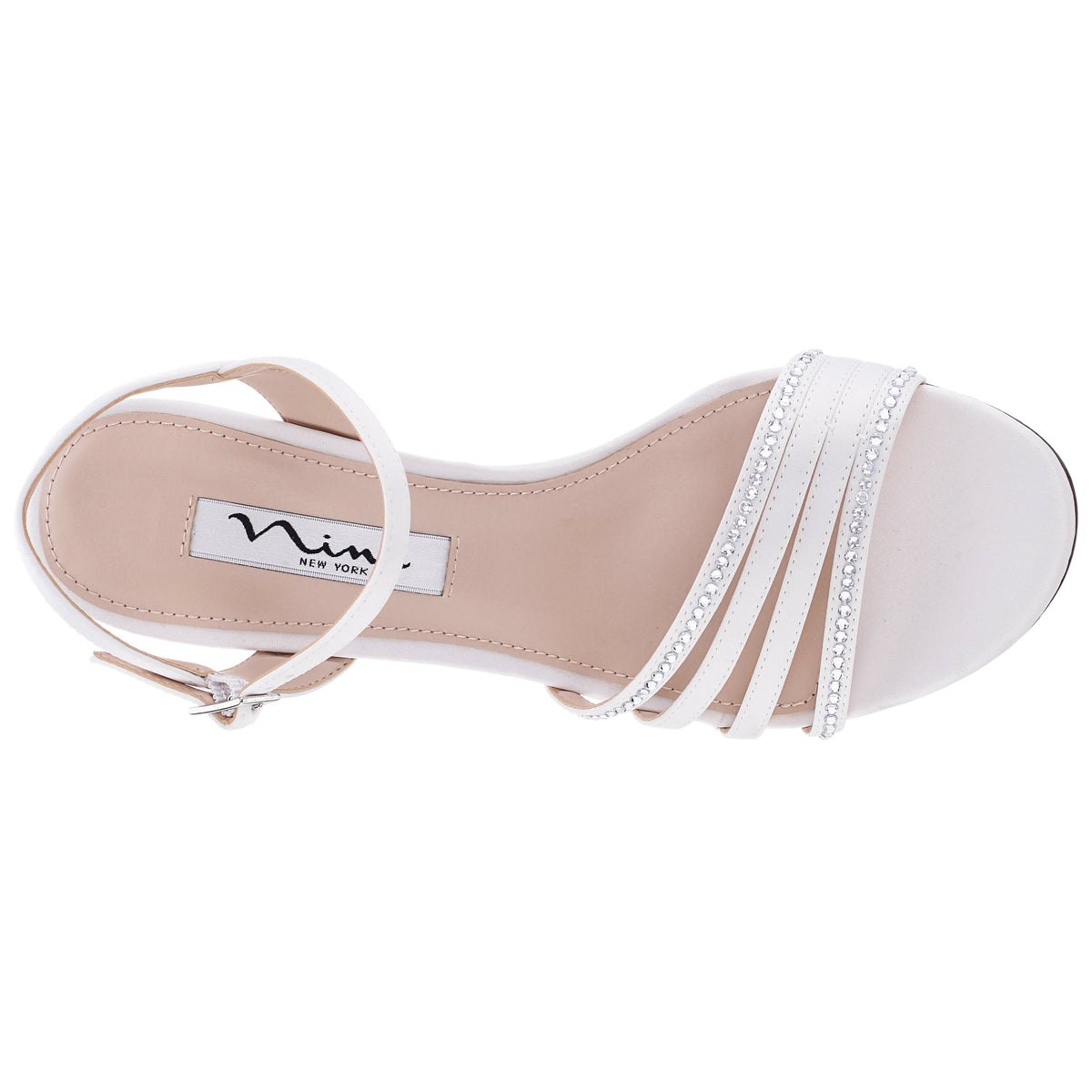 Nelena White Satin with Clear Crystals Low-Heel Sandals with Ankle-Strap | Nina Shoes