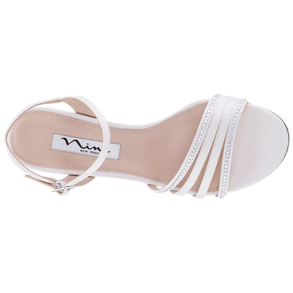 Nelena White Satin with Clear Crystals Low-Heel Sandals with Ankle-Strap | Nina Shoes