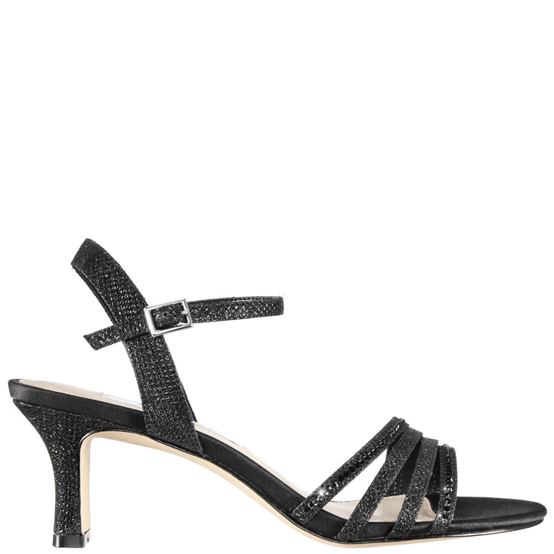 Nelena Black Textured Metallic with Matching Crystals Low-Heel Sandals with Ankle-Strap | Nina Shoes